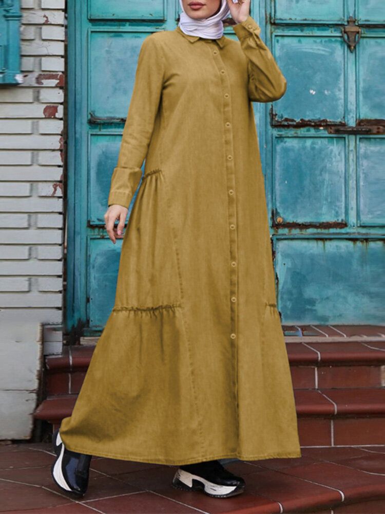 Color Sólido Retro Con Botones Y Solapa Vestido Largo Musulmán Informal Abaya Kaftan Para Mujer