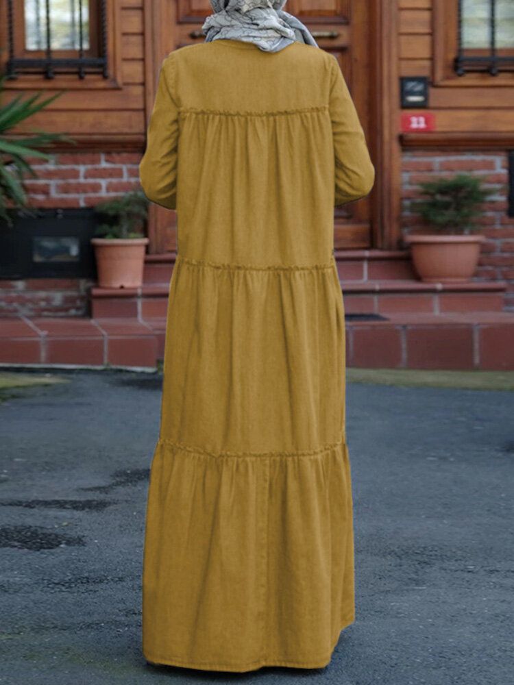 Color Sólido Retro Con Botones Y Solapa Vestido Largo Musulmán Informal Abaya Kaftan Para Mujer