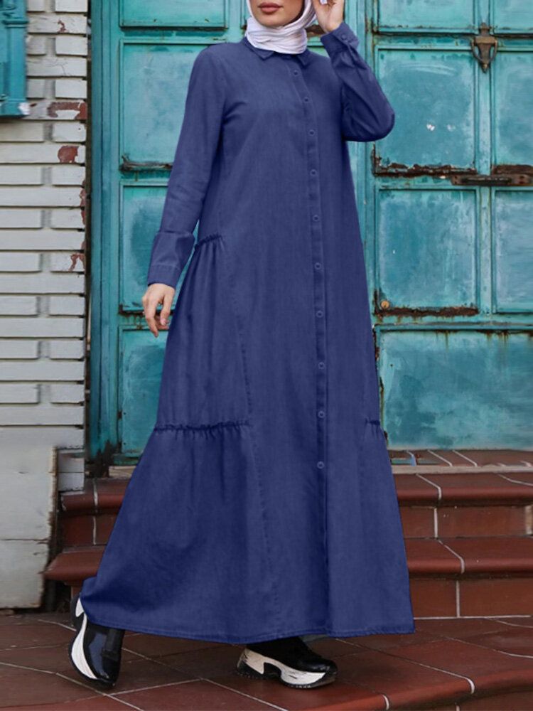 Color Sólido Retro Con Botones Y Solapa Vestido Largo Musulmán Informal Abaya Kaftan Para Mujer