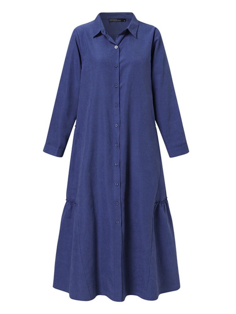 Color Sólido Retro Con Botones Y Solapa Vestido Largo Musulmán Informal Abaya Kaftan Para Mujer