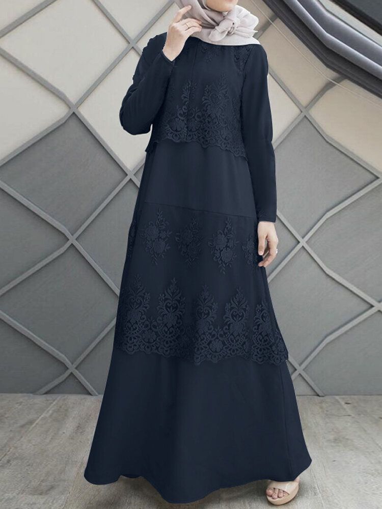 Costura De Encaje A-line O-cuello Color Sólido Manga Larga Vestido Musulmán Abaya Kaftan Para Mujeres