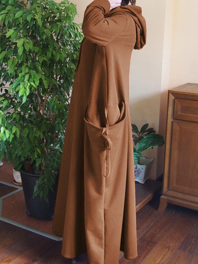 Maxi Vestidos Sueltos Con Capucha Y Bolsillo Lateral De Color Sólido Para Mujer