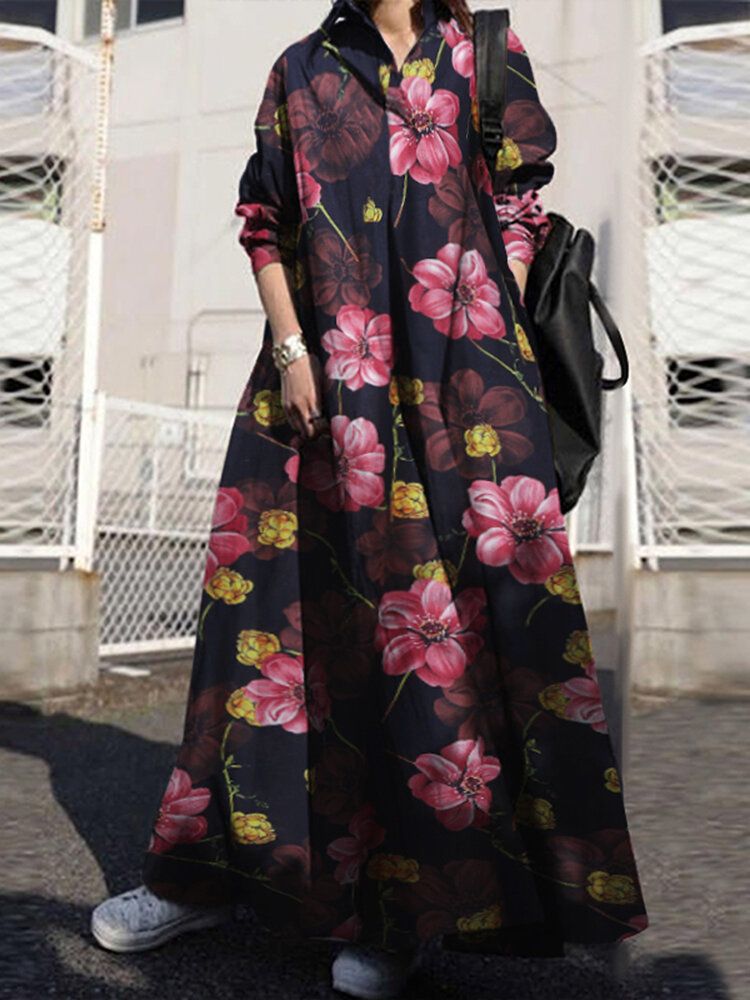 Maxi Vestidos Vintage De Algodón Con Estampado Floral Y Bolsillos Laterales Para Mujer