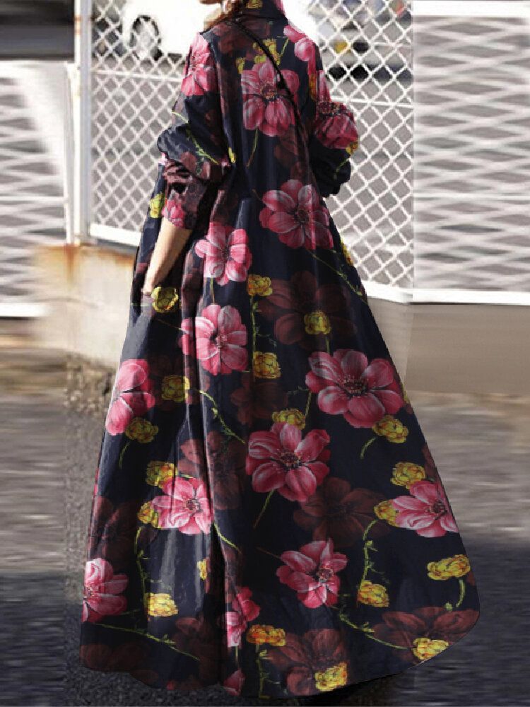 Maxi Vestidos Vintage De Algodón Con Estampado Floral Y Bolsillos Laterales Para Mujer