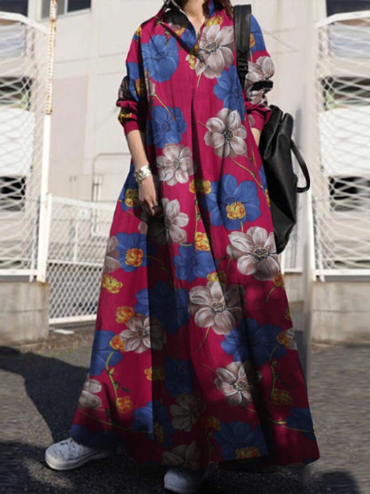 Maxi Vestidos Vintage De Algodón Con Estampado Floral Y Bolsillos Laterales Para Mujer