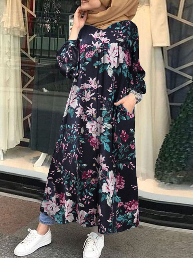 Mujeres 100% Algodón Estampado Floral Hasta La Mitad De La Pantorrilla Vestidos Largos Kaftan Con Bolsillo Lateral