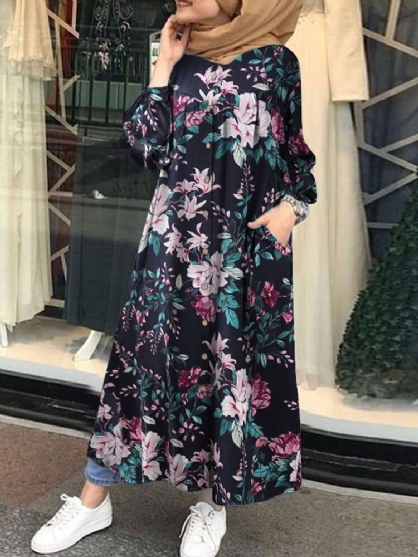 Mujeres 100% Algodón Estampado Floral Hasta La Mitad De La Pantorrilla Vestidos Largos Kaftan Con Bolsillo Lateral