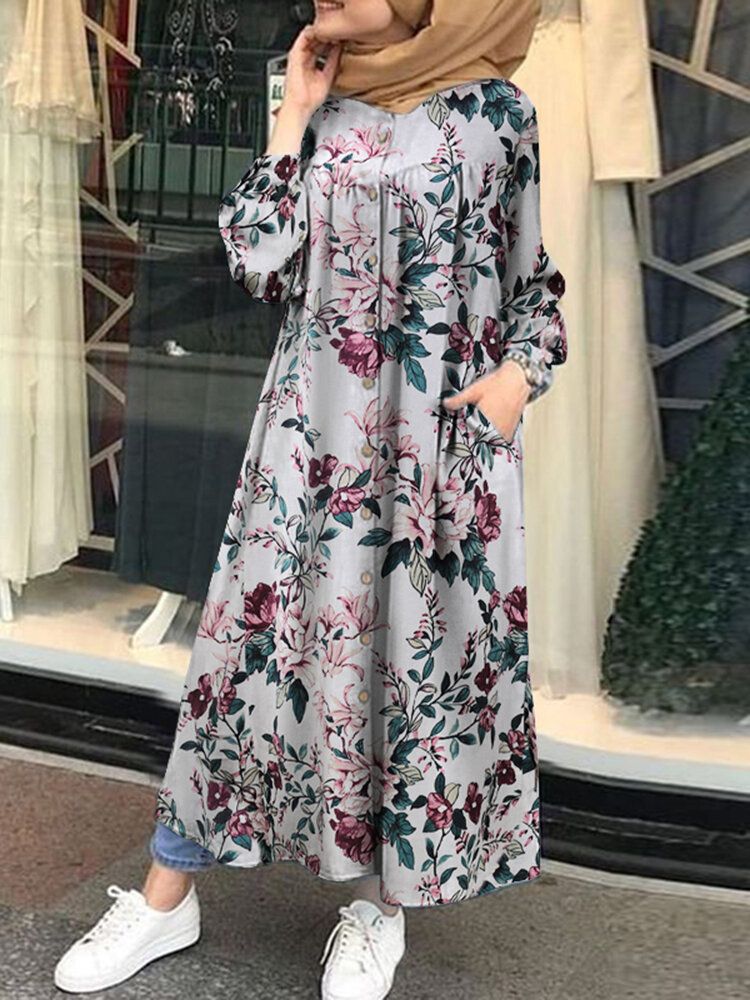 Mujeres 100% Algodón Estampado Floral Hasta La Mitad De La Pantorrilla Vestidos Largos Kaftan Con Bolsillo Lateral