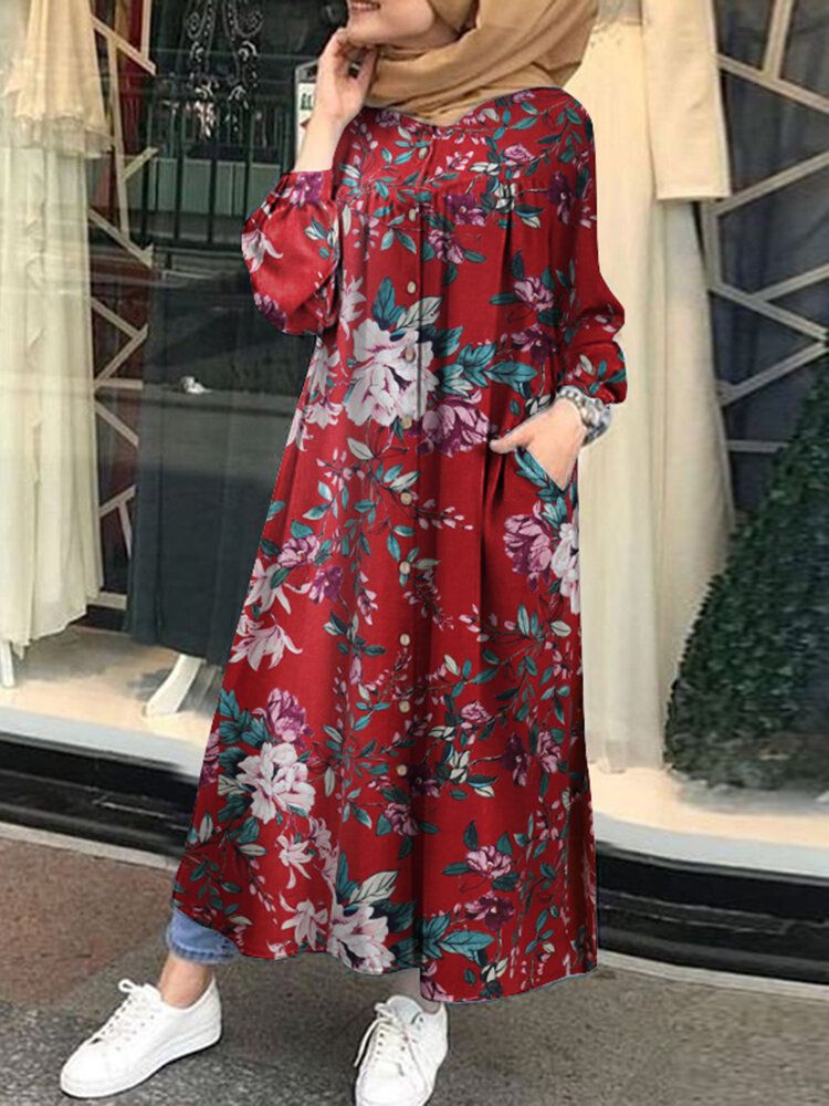 Mujeres 100% Algodón Estampado Floral Hasta La Mitad De La Pantorrilla Vestidos Largos Kaftan Con Bolsillo Lateral