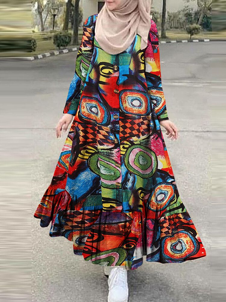 Mujeres Algodón Color Impresión Abstracta Bata Suelta Casual Volantes Dobladillo Bohemio Maxi Vestido De Camisa