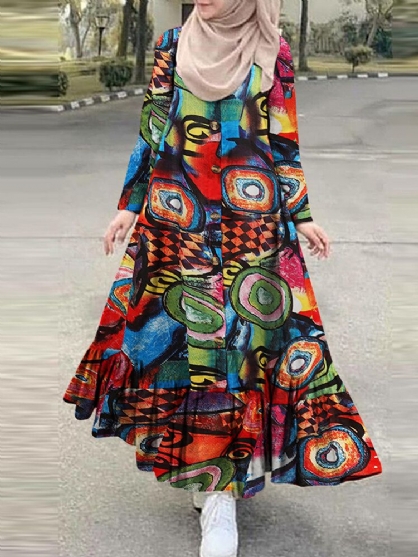 Mujeres Algodón Color Impresión Abstracta Bata Suelta Casual Volantes Dobladillo Bohemio Maxi Vestido De Camisa