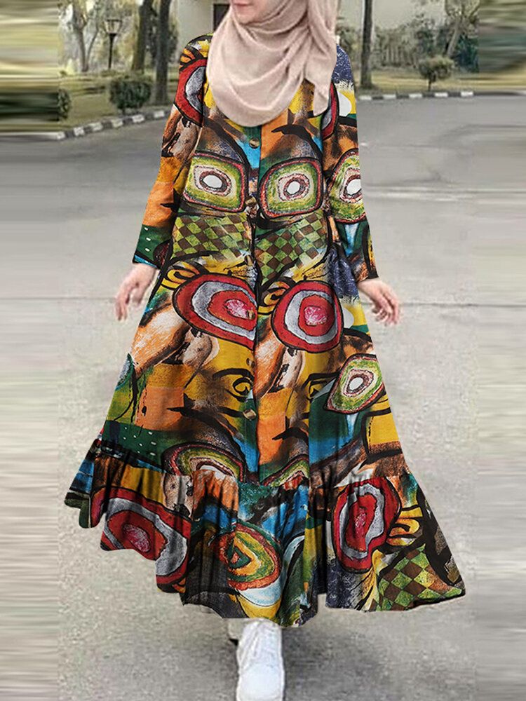 Mujeres Algodón Color Impresión Abstracta Bata Suelta Casual Volantes Dobladillo Bohemio Maxi Vestido De Camisa