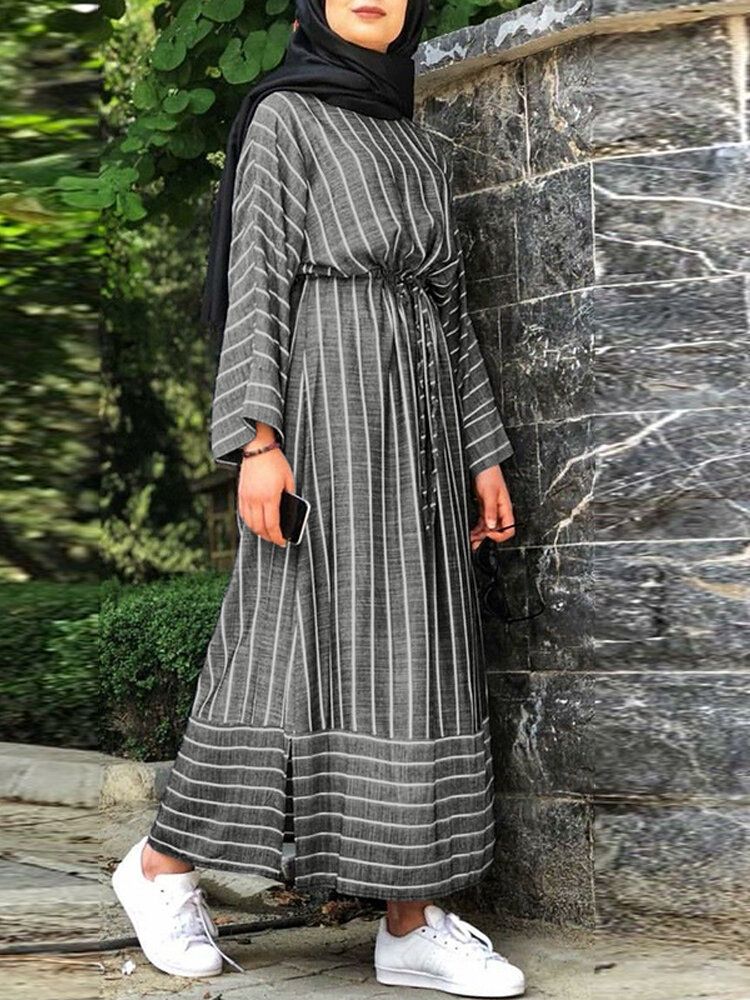 Mujeres Algodón Raya Cintura Corbata Manga Larga Bata Casual Kaftan Maxi Vestidos