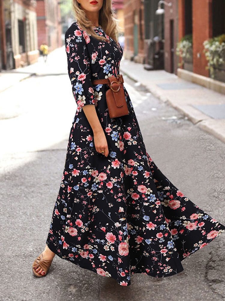 Mujeres Bohemia Estampado Floral O-cuello Casual Media Manga Vestidos Largos De Vacaciones