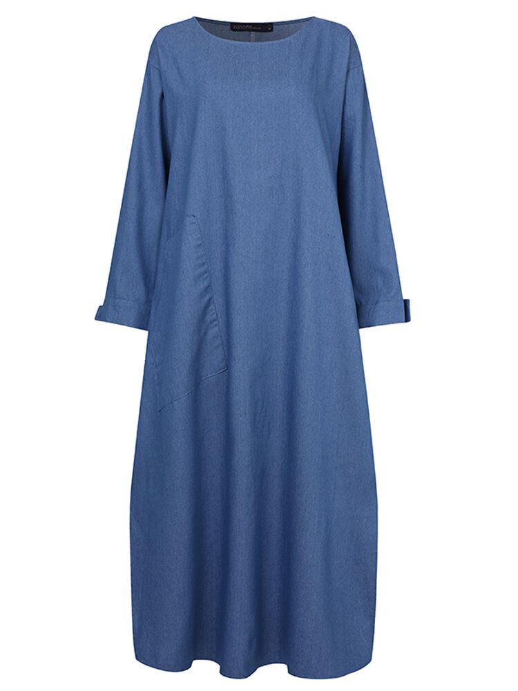 Mujeres Bolsillos Laterales Sólidos Denim Casual Suelto Kaftan Robe Split Shirt Maxi Dress