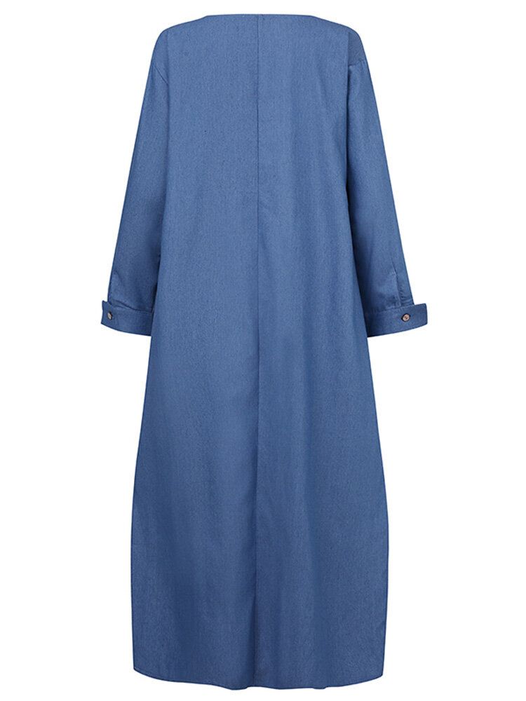 Mujeres Bolsillos Laterales Sólidos Denim Casual Suelto Kaftan Robe Split Shirt Maxi Dress