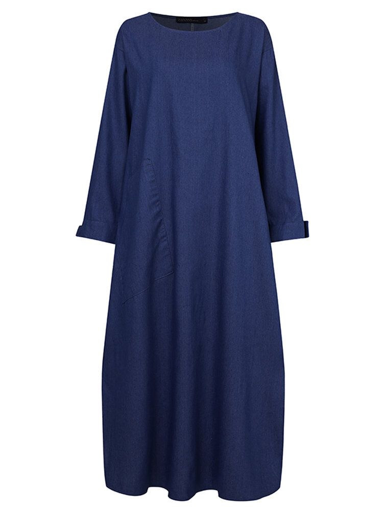 Mujeres Bolsillos Laterales Sólidos Denim Casual Suelto Kaftan Robe Split Shirt Maxi Dress