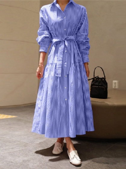 Mujeres Calssic Stripe Print Ruffles Manga Larga Con Cordones Camisa De Swing Maxi Vestidos