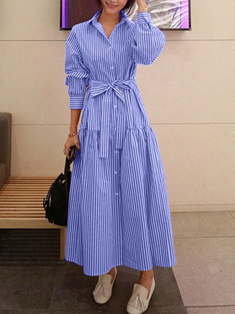 Mujeres Calssic Stripe Print Ruffles Manga Larga Con Cordones Camisa De Swing Maxi Vestidos