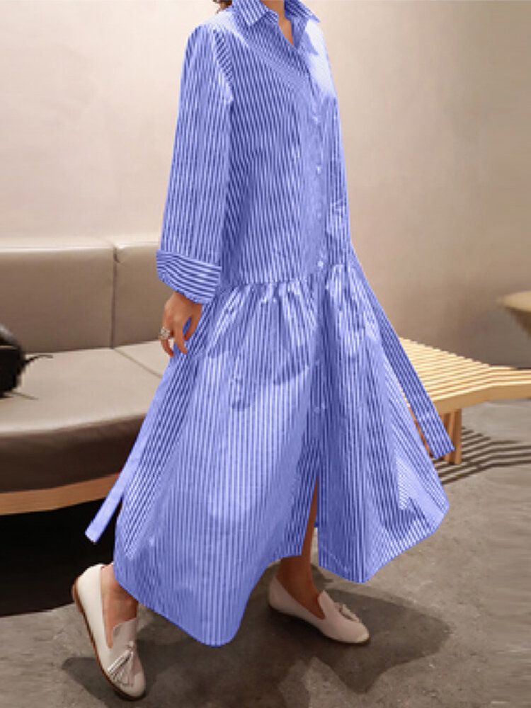 Mujeres Calssic Stripe Print Ruffles Manga Larga Con Cordones Camisa De Swing Maxi Vestidos