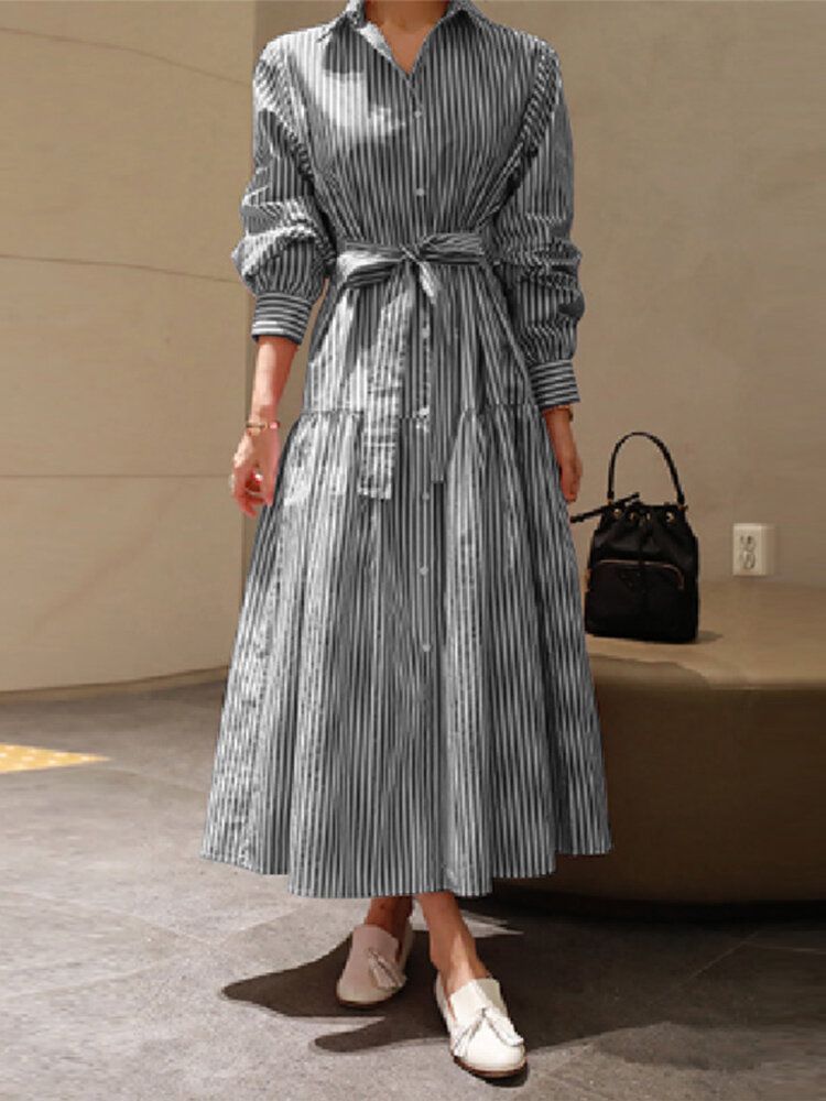 Mujeres Calssic Stripe Print Ruffles Manga Larga Con Cordones Camisa De Swing Maxi Vestidos