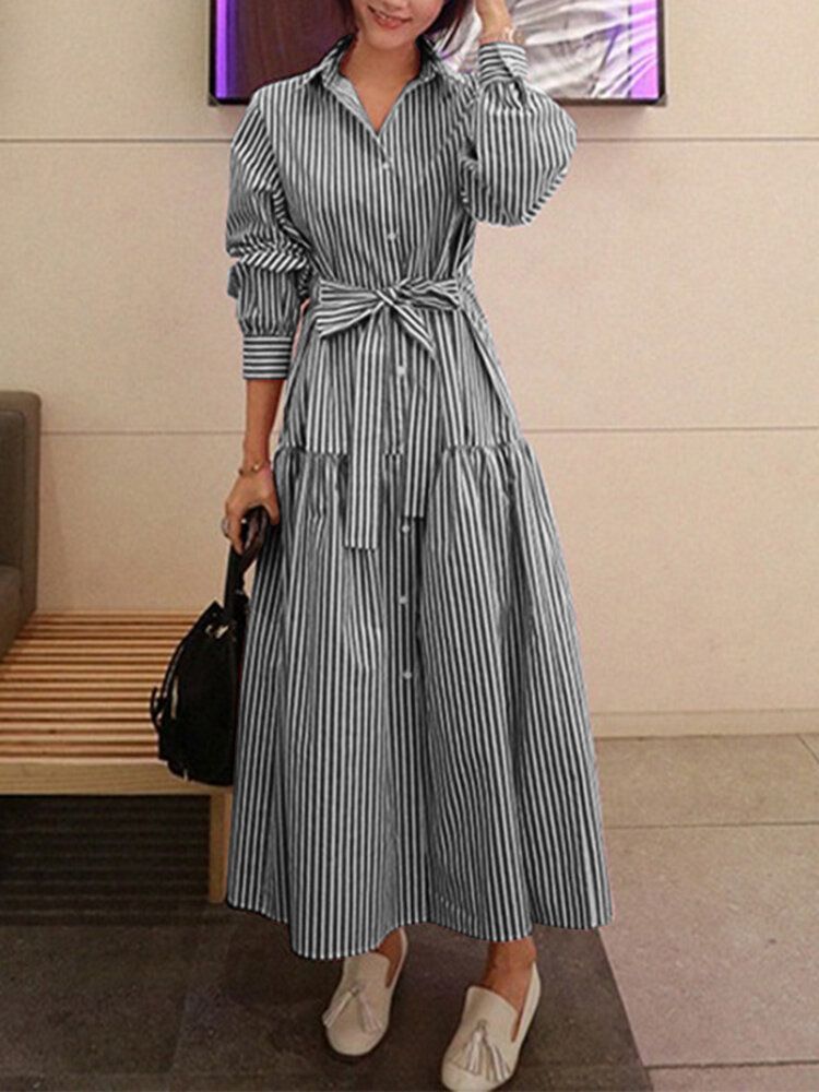 Mujeres Calssic Stripe Print Ruffles Manga Larga Con Cordones Camisa De Swing Maxi Vestidos