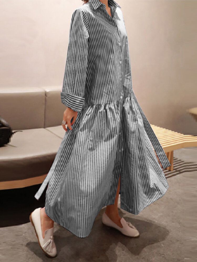 Mujeres Calssic Stripe Print Ruffles Manga Larga Con Cordones Camisa De Swing Maxi Vestidos