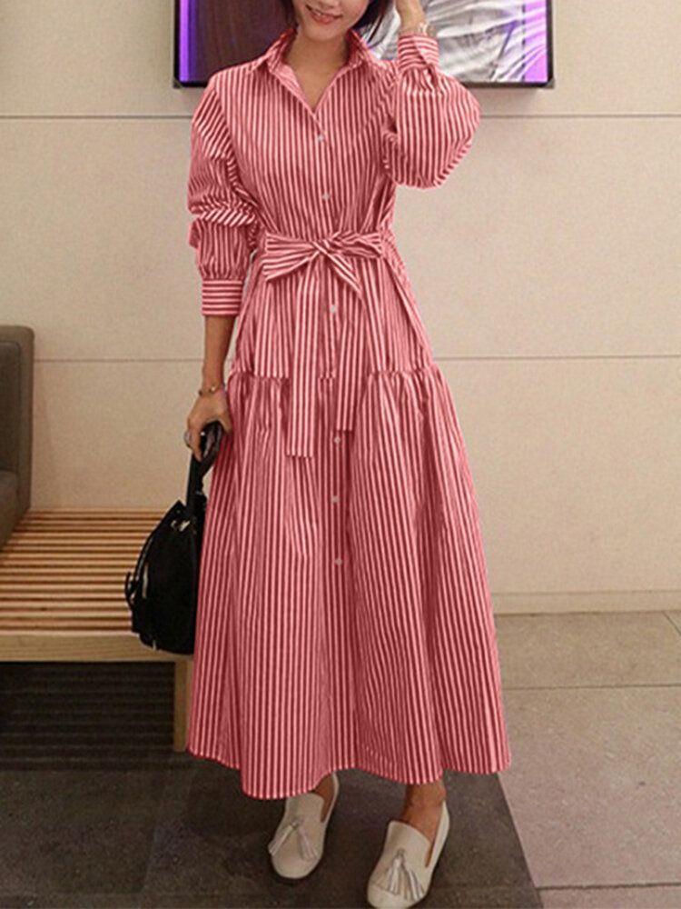 Mujeres Calssic Stripe Print Ruffles Manga Larga Con Cordones Camisa De Swing Maxi Vestidos