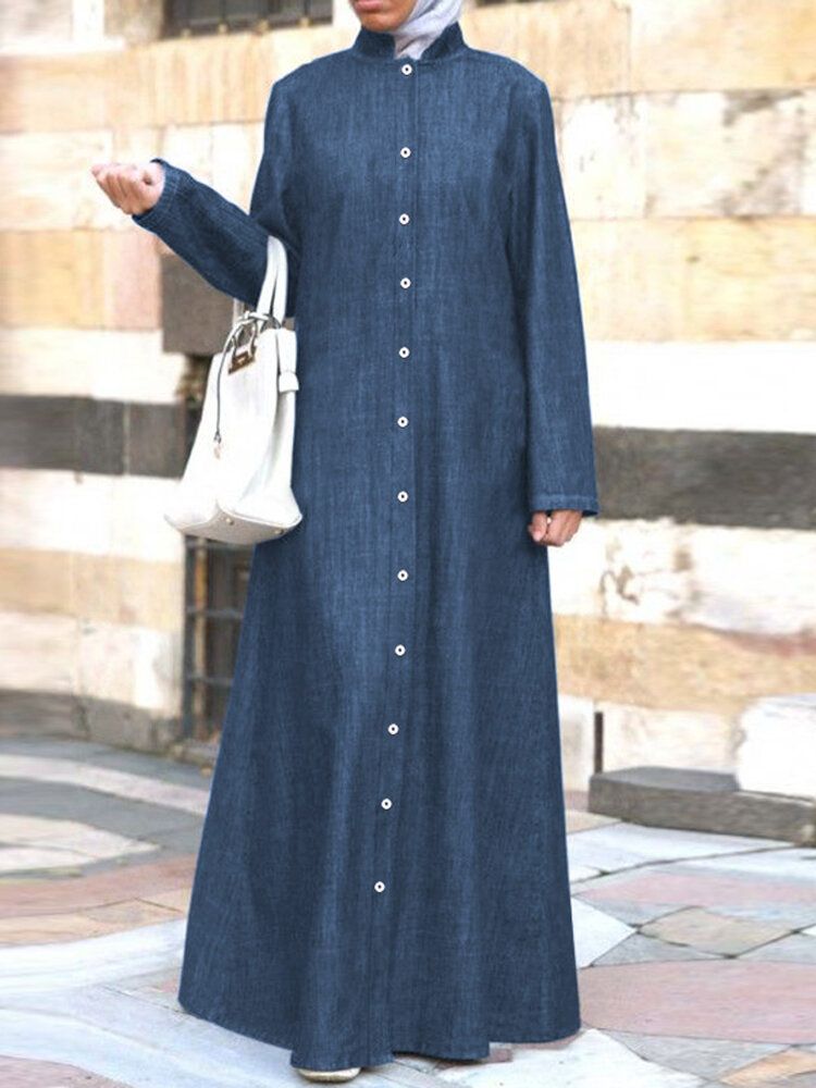 Mujeres Casual Denim Button Down Stand Collar De Longitud Completa Kaftan Maxi Shirt Dresses