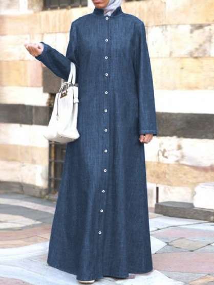 Mujeres Casual Denim Button Down Stand Collar De Longitud Completa Kaftan Maxi Shirt Dresses