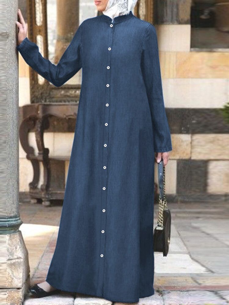 Mujeres Casual Denim Button Down Stand Collar De Longitud Completa Kaftan Maxi Shirt Dresses