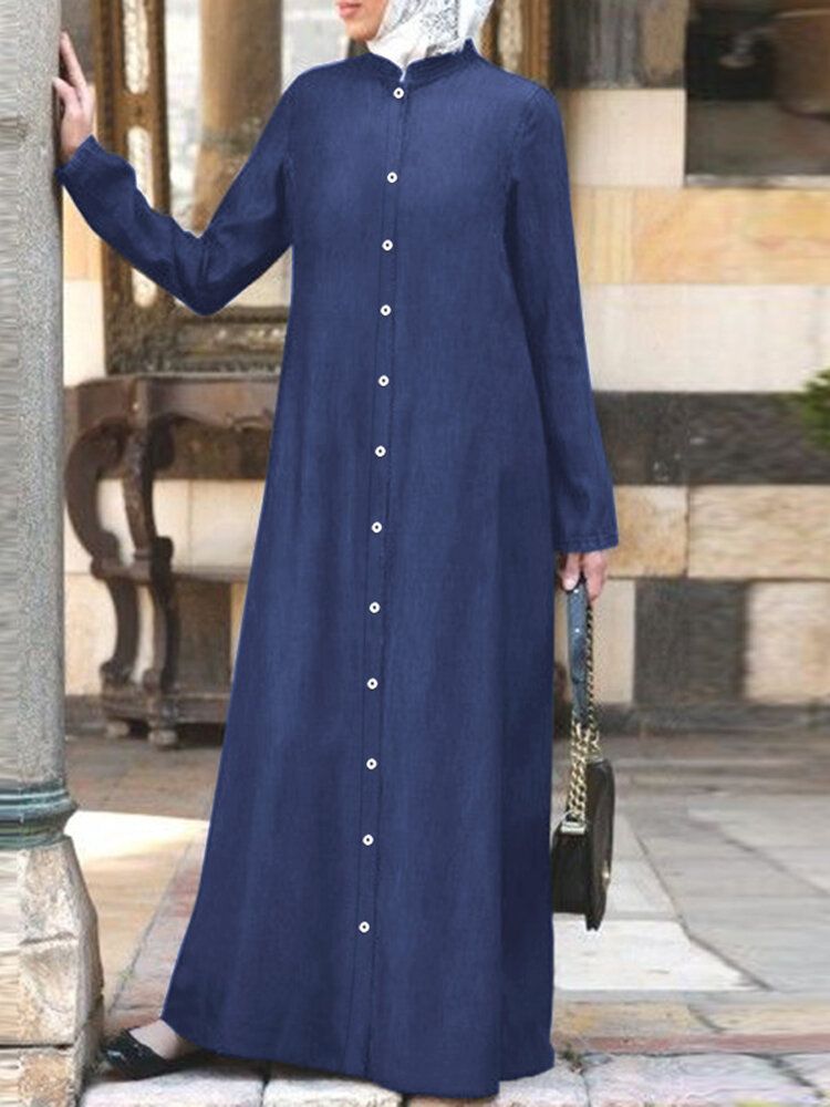 Mujeres Casual Denim Button Down Stand Collar De Longitud Completa Kaftan Maxi Shirt Dresses