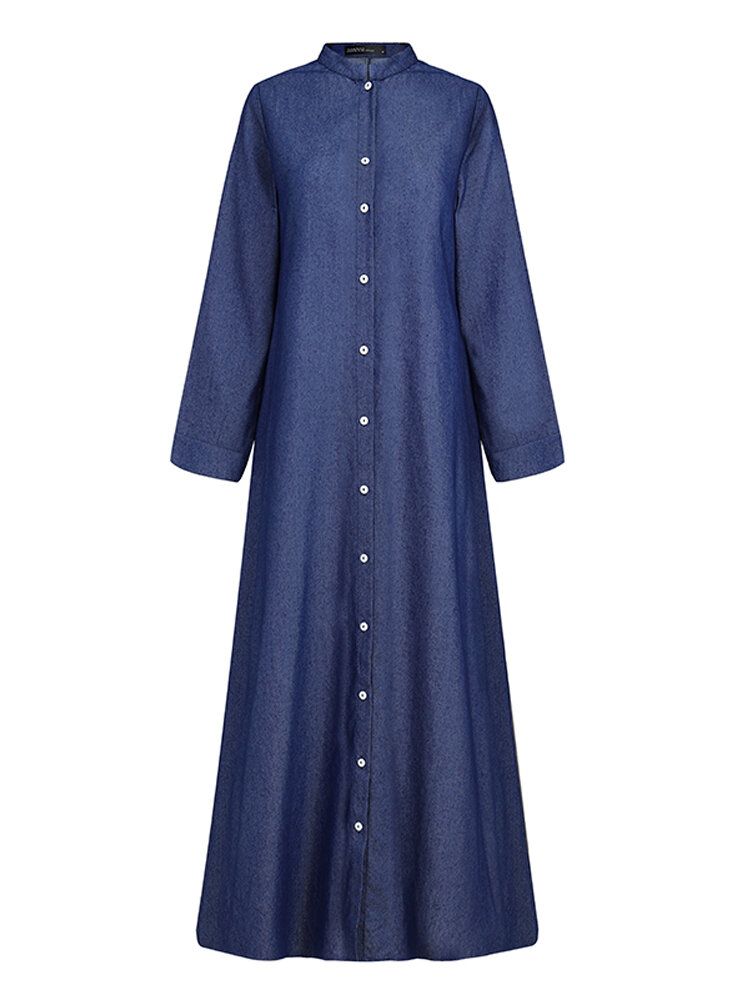 Mujeres Casual Denim Button Down Stand Collar De Longitud Completa Kaftan Maxi Shirt Dresses