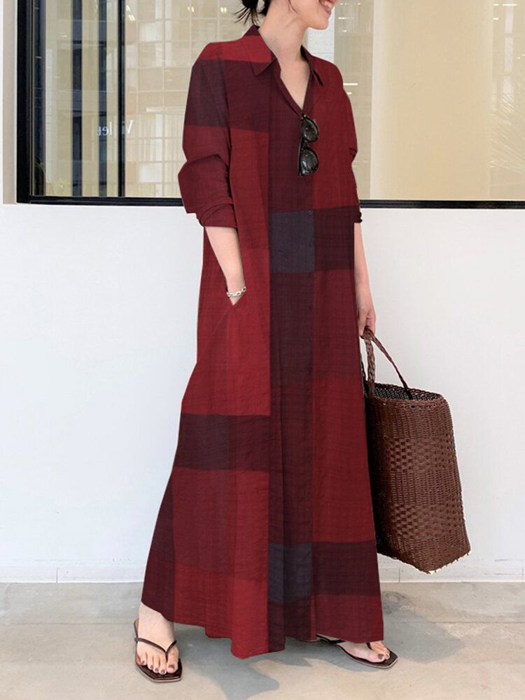 Mujeres Casual Plaid Solapa Botón De Manga Larga Camisa Vintage Maxi Vestidos Con Bolsillo