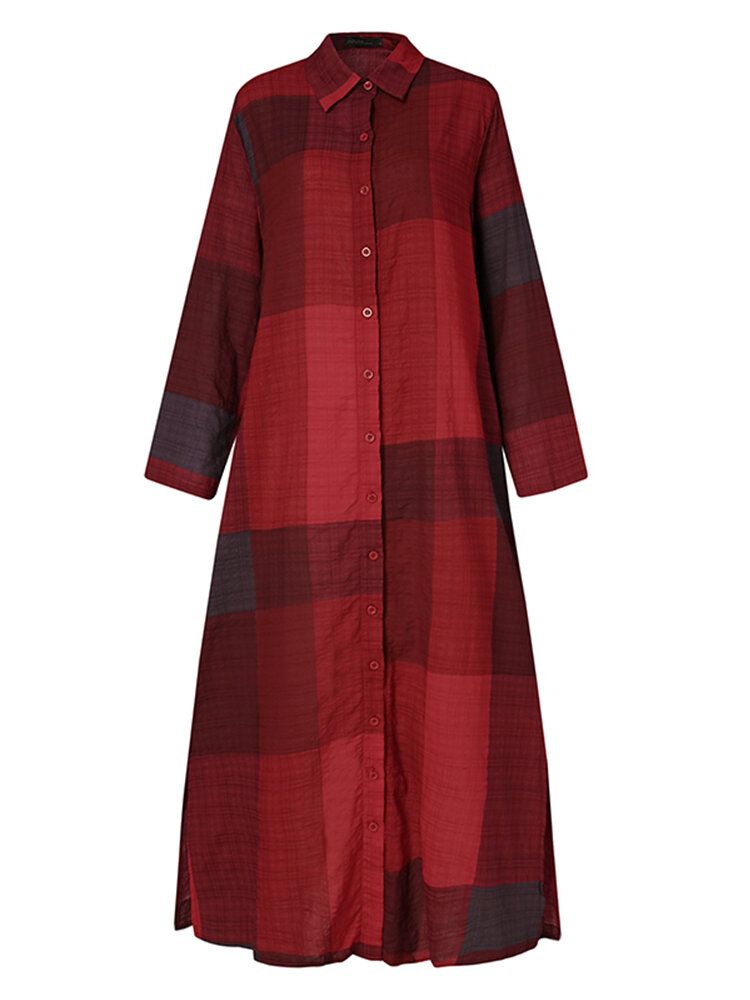 Mujeres Casual Plaid Solapa Botón De Manga Larga Camisa Vintage Maxi Vestidos Con Bolsillo