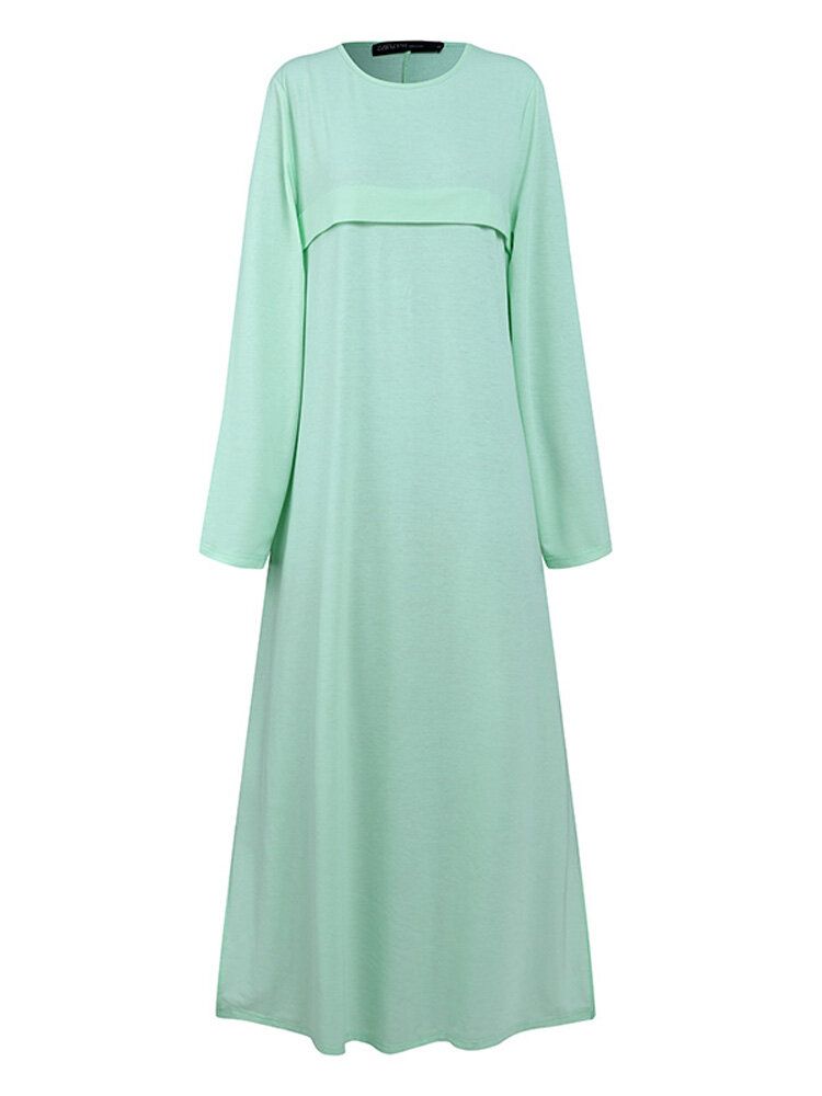 Mujeres Color Sólido O-cuello Manga Larga Tejido Kaftan Túnica Casual Falda Dividida Suelta Vestido Lateral