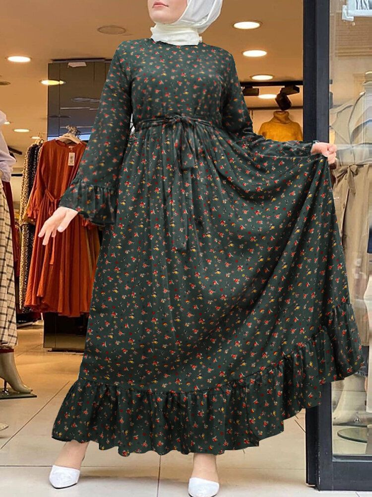 Mujeres Ditsy Estampado Floral Volantes Dobladillo Swing Kaftan Maxi Vestidos Con Cinturón