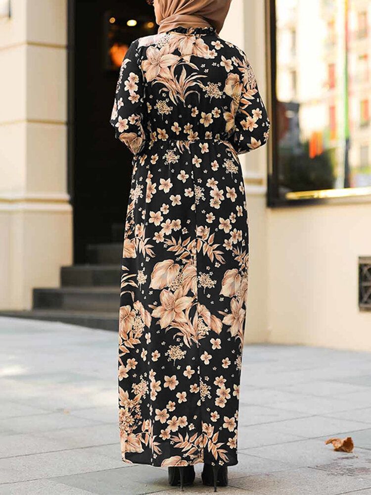 Mujeres Flores Estampado Volantes Puños Con Cordones Cuello Alto Casual Maxi Vestido Musulmán Abaya Kaftan