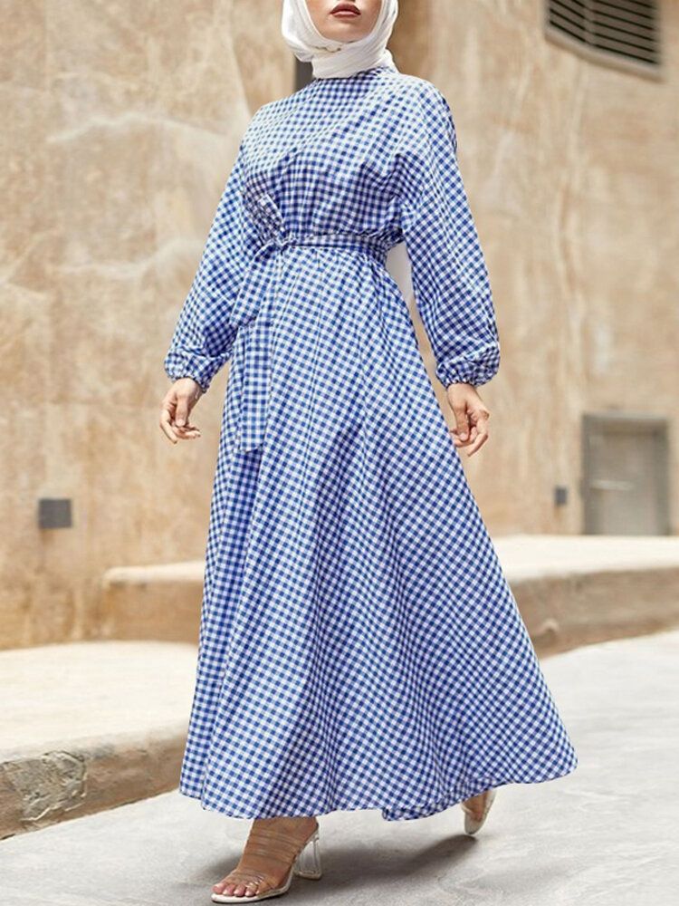 Mujeres Gingham Cintura Tie Kaftan Robe Elastic Cuff Maxi Vestidos