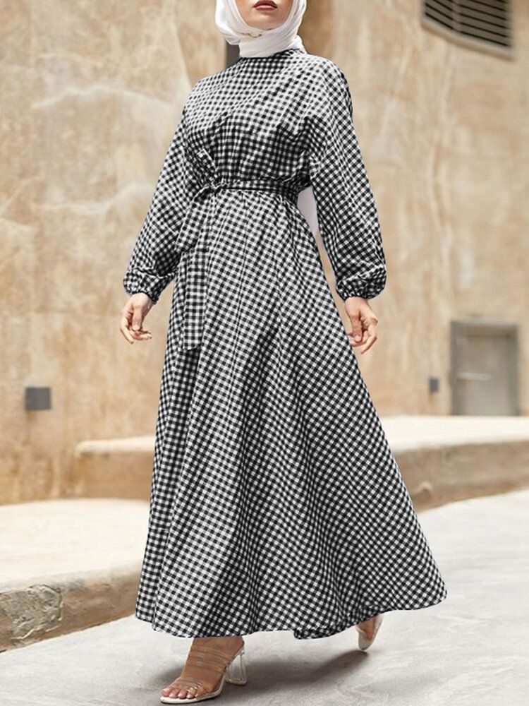 Mujeres Gingham Cintura Tie Kaftan Robe Elastic Cuff Maxi Vestidos