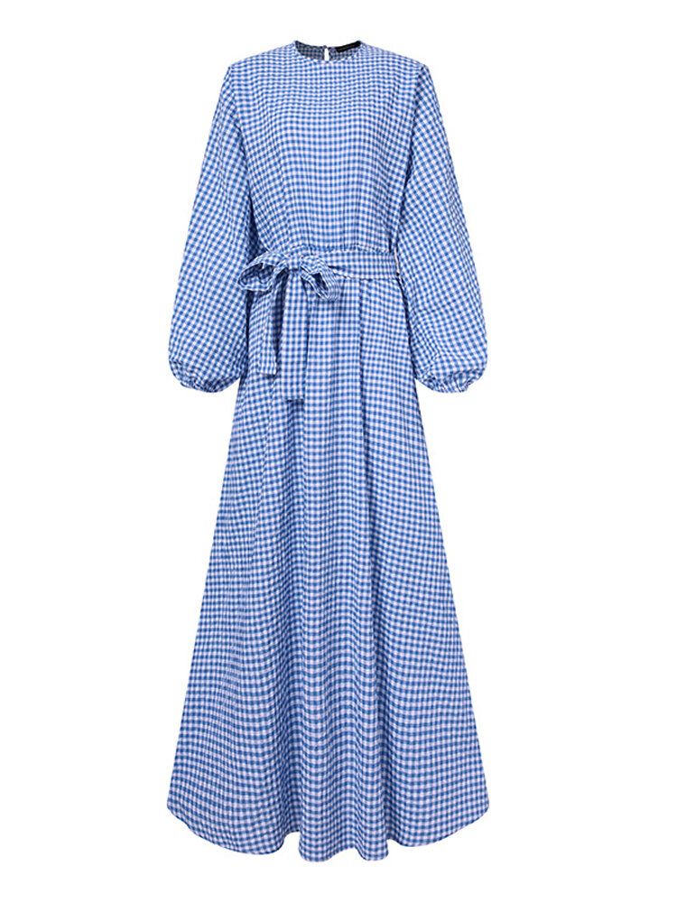 Mujeres Gingham Cintura Tie Kaftan Robe Elastic Cuff Maxi Vestidos