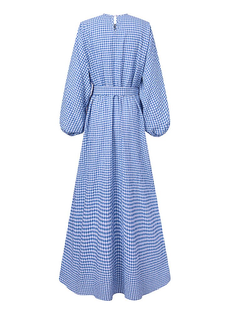 Mujeres Gingham Cintura Tie Kaftan Robe Elastic Cuff Maxi Vestidos