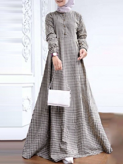 Mujeres Grid Impreso Casual Puños Elásticos Big Swing Manga Larga Musulmán Abaya Kaftan Maxi Vestido