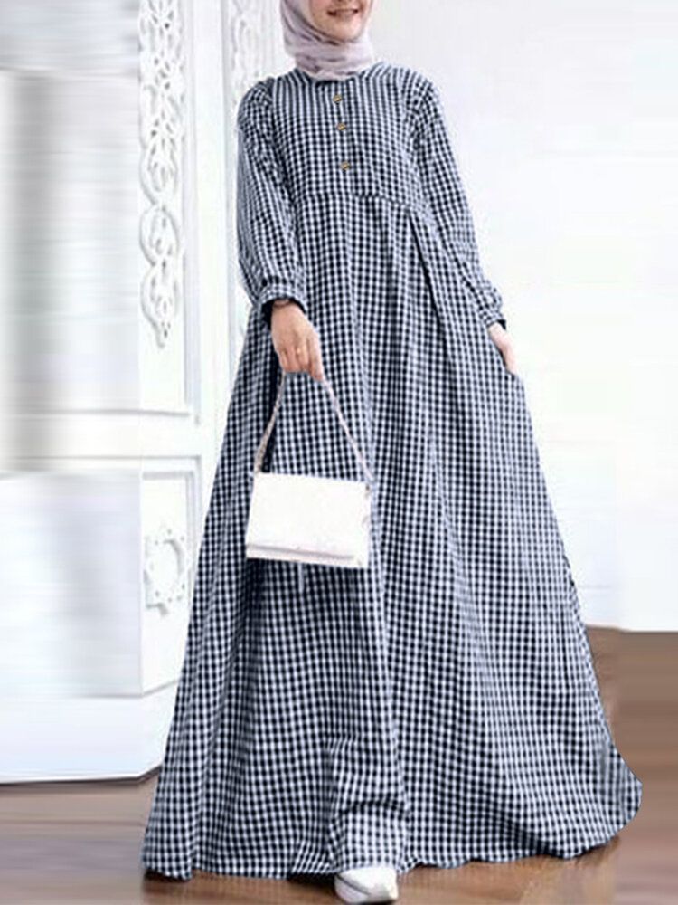 Mujeres Grid Impreso Casual Puños Elásticos Big Swing Manga Larga Musulmán Abaya Kaftan Maxi Vestido