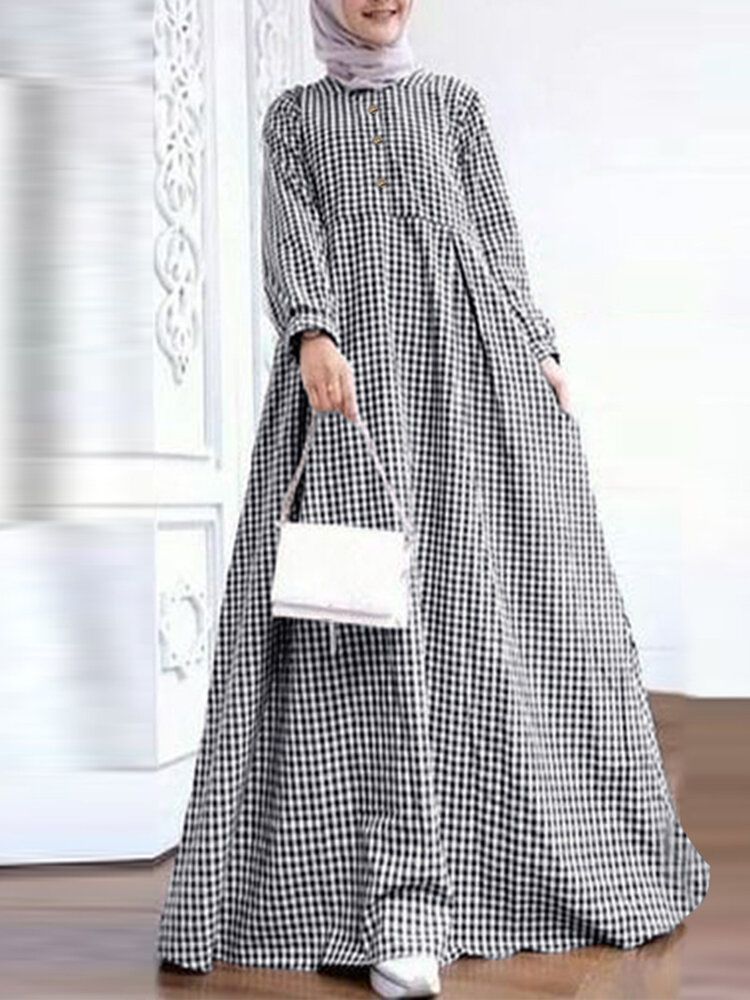 Mujeres Grid Impreso Casual Puños Elásticos Big Swing Manga Larga Musulmán Abaya Kaftan Maxi Vestido