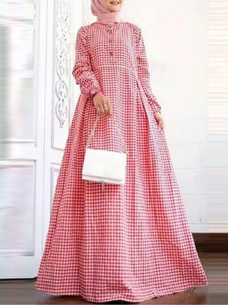 Mujeres Grid Impreso Casual Puños Elásticos Big Swing Manga Larga Musulmán Abaya Kaftan Maxi Vestido