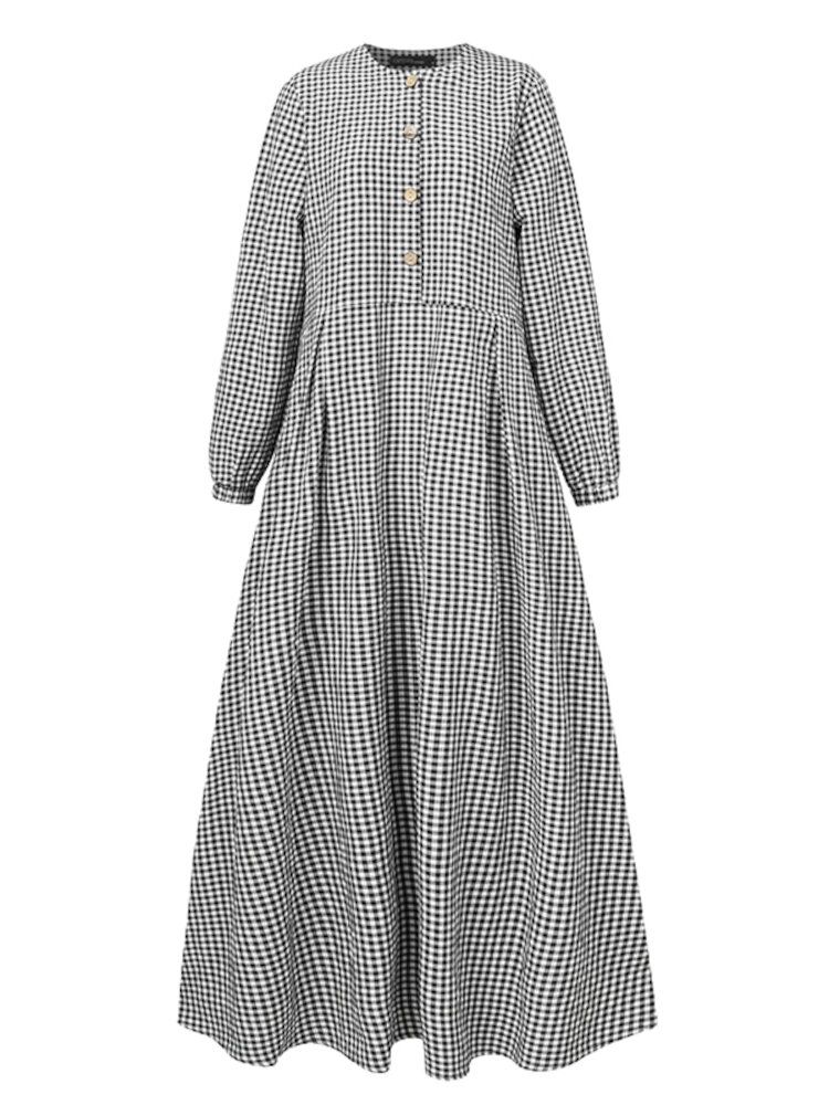 Mujeres Grid Impreso Casual Puños Elásticos Big Swing Manga Larga Musulmán Abaya Kaftan Maxi Vestido