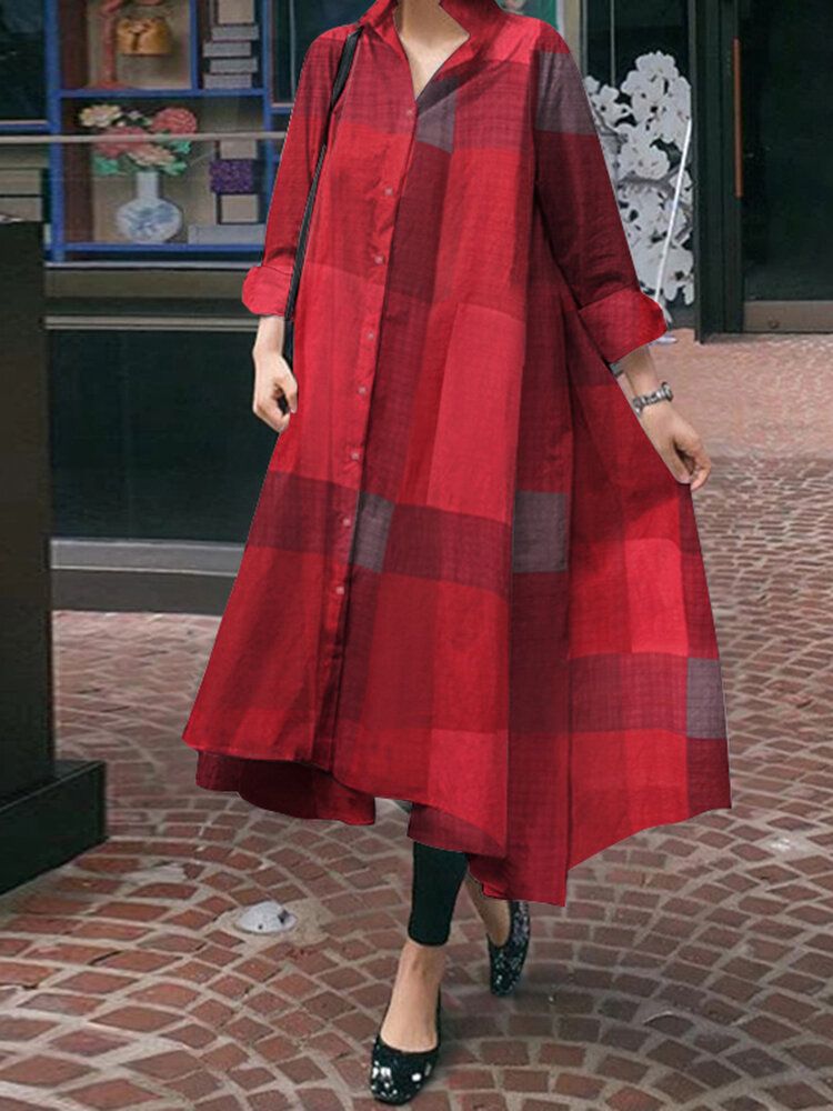 Mujeres Plaid Button Up Solapa Dobladillo Irregular Casual Camisa De Manga Larga Maxi Vestidos