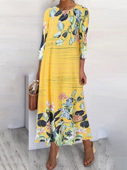 Mujeres Plantas Flores Estampado O-cuello A-line Vestido Maxi Informal Suelto Con Bolsillo