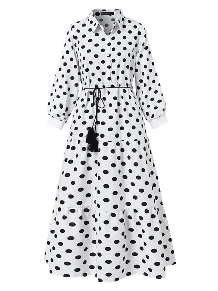 Mujeres Polka Dot Solapa Borla Con Cordones Manga Larga Casual Ruffle Maxi Vestidos